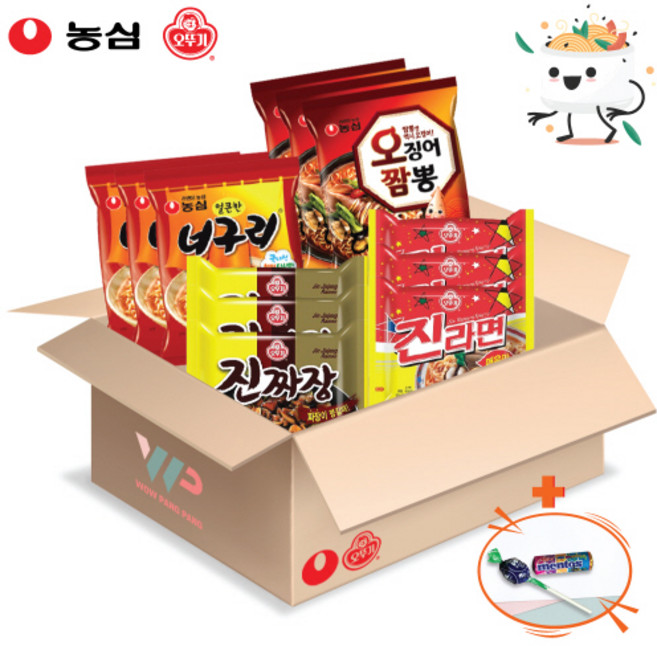 농심 오뚜기 봉지라면 혼합세트 4종 12봉입 너구리 3개입+오징어짬뽕 3개입+진짜장 3개입+진라면 매운맛 3개입 총12봉입 멘토스+투시팝캔디 사은품 2종 증정, 1개
