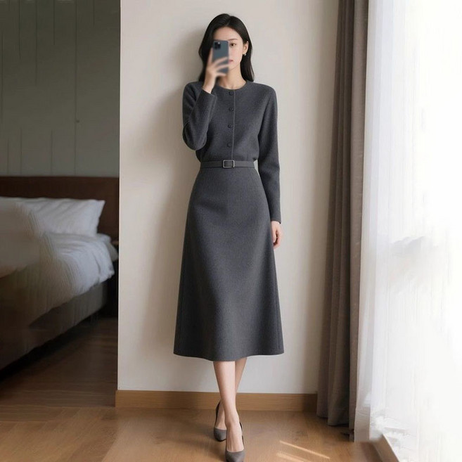 AOKADA 여성 가을 겨울 슬림핏 라운드 오피스록 하객룩 심플 정장 롱 원피스