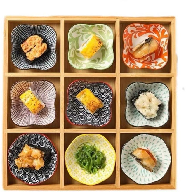 LOKEXING 9구 트레이 회접시 일본식 접시 우드 트레이 플래터 격자 나무 접시, 9그리드(단일트레이), 1개