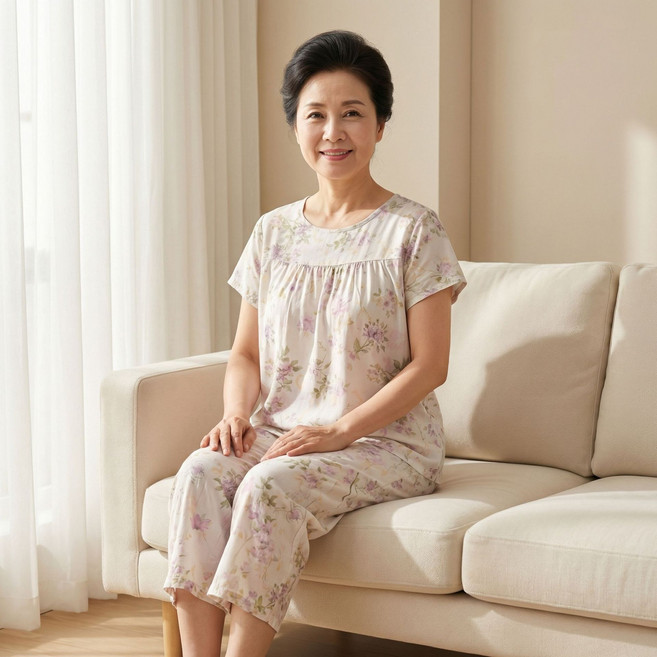 AM 중년 여성 반팔 라운지웨어 잠옷 세트 순면 파자마 라운지웨어 세트 2026 여름
