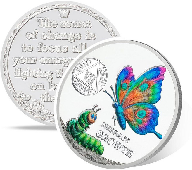 Butterfly Metamorphosis 7 Year Sobriety Coin Affirmation AA Coins Addiction Recovery Seven Year, 7 Year Sober