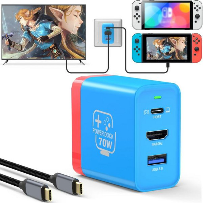 닌텐도 스위치OLED용 70W USB C 충전기 도크 4K HDMIUSB3.0PD 충전 포트가 있는 휴대용 여행용 TV 도킹 스테이션 노트북 휴대폰 스팀 데크용 USB-C 케이, 1 Pack