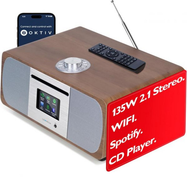 LEMega M3P WiFi 인터넷 라디오 FM 디지털 스포티파이 커넥트 블루투스 스피커 스테레오 사운드 우드 박스 헤드폰 출력 AUX-in 40 프리셋 듀얼 알람 시계 원격, M5P 월넛