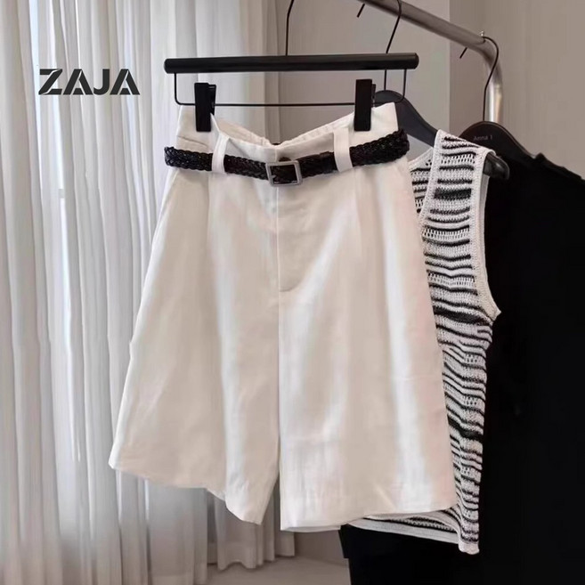 ZAJA 여성 린넨 반바지 하이웨스트 밴딩 와이드 여름 데일리