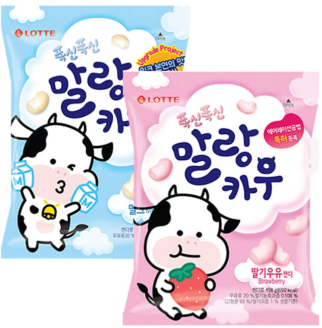 롯데제과 말랑카우 츄잉캔디 158g 대봉 2종 (오리지날+딸기우유), 2개