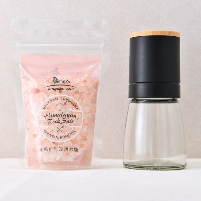 喜馬拉雅玫瑰粗鹽150g袋裝 竹蓋研磨罐組合, 1個, 黑色