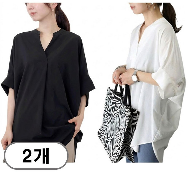 차쿠 1+1 여성 브이넥 가오리 체형커버 셔츠 빅사이즈 가오리 블라우스 구김없는 빅사이즈 브이넥 7부 티셔츠