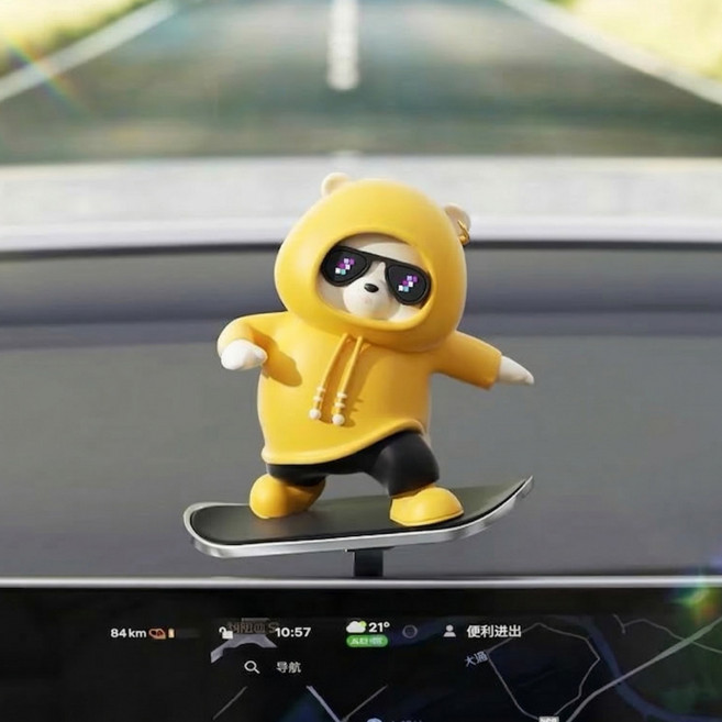블체 곰돌이 차량용 번호판 피규어 호버보드 슬라이딩 베어 스케이트 대시보드, 1개, 블랙_번호판X 모니터부착형