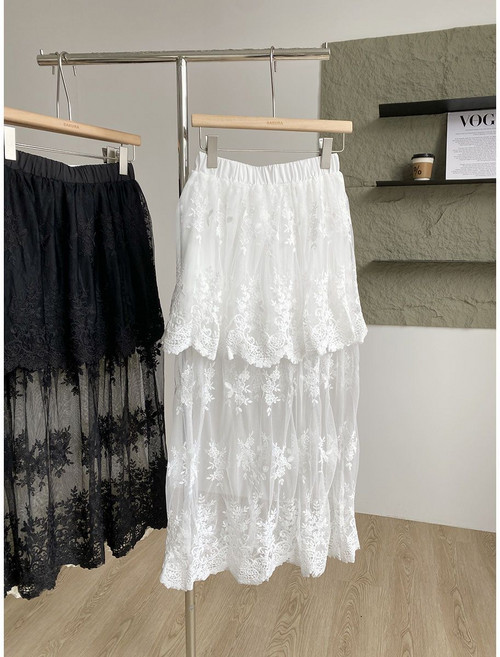 옷장체인지 여성 레이스 롱 스커트 77 편안한 밴딩 시스루 스커트 예쁜 자수 치마