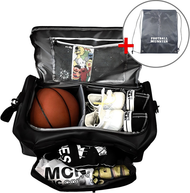 풋볼몬스터 칸막이 스포츠 더플백 보스턴백 운동가방 여행용가방 신발파우치 증정, 블랙