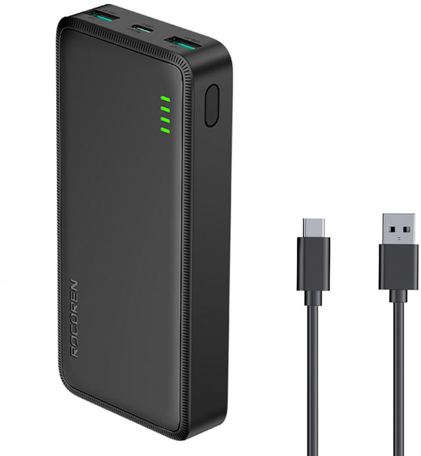 Rocoren 보조배터리 20000mAh 고속충전 대용량 잔량표시 슬림 iPhone Samsung용 휴대용 충전기, 검은색, 20000mAh 15W