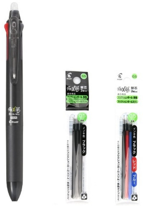 파이롯트 프릭션 지워지는 3색 볼펜 0.5 리필심 세트, 1세트, 블랙 + 리필(흑색3개입+혼합3개입)