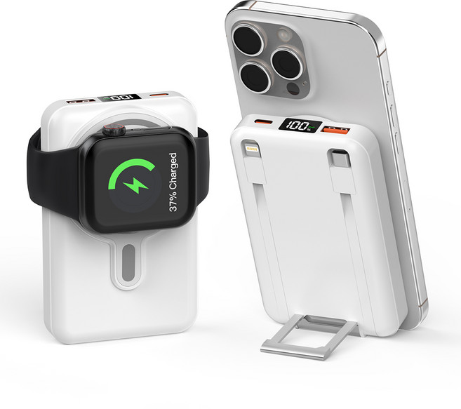 대용량 일체형 케이블 무선충전 잔량표시 고속충전 맥세이프 보조배터리 20000mAh, 화이트, 화이트