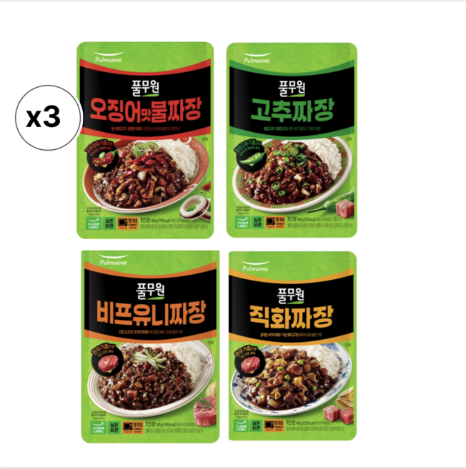 직화짜장 덮밥소스 3개 + 오징어맛불짜장 덮밥소스 3개 + 비프유니짜장 덮밥소스 3개 + 고추짜장 덮밥소스 3개, 180g