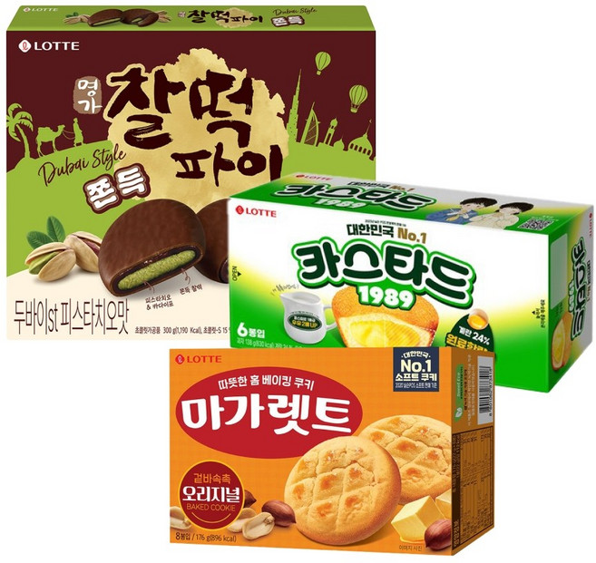 명가 찰떡파이 두쫀쿠 두바이ST 피스타치오맛 300g x1개+카스타드 138g x1개+마가렛트 오리지널 176g x1개