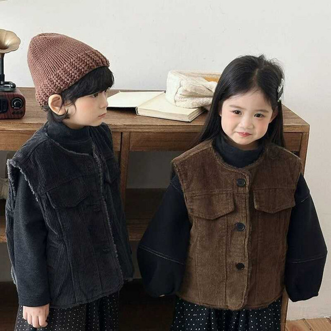兒童燈芯絨夾棉馬甲 90-130cm 男女童加厚保暖坎肩上衣