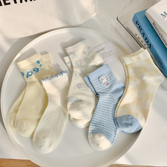 워더미 여성용 봄여름 옐로우 블루 큐티 얇은 중목 5P 양말 W760