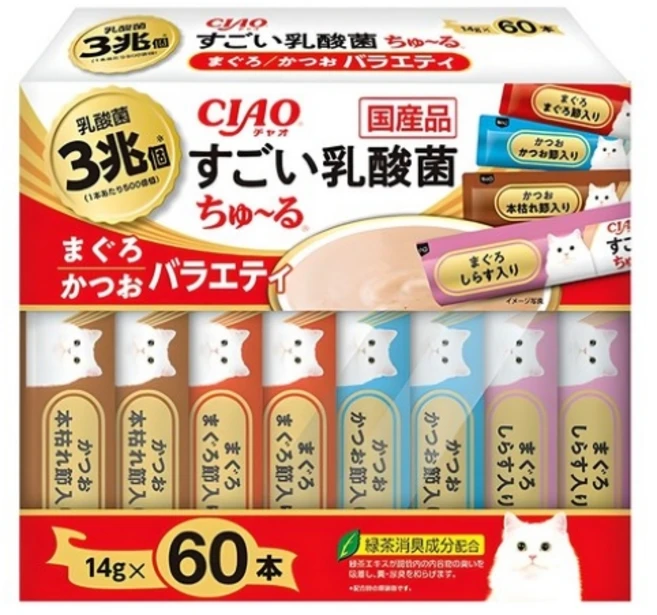 챠오 고양이 츄르 스고이유산균 버라이어티 SC-389 14g x 60p 세트, 참치&가다랑어&치킨 버라이어티, 840g, 1세트 - 쿠팡