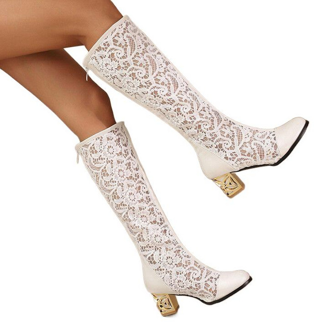 티류으스 여성용 메쉬 블랙 여름 롱부츠 레이스 장식 통굽 스타일리시한 망사 신발 화이트 터치 H070932