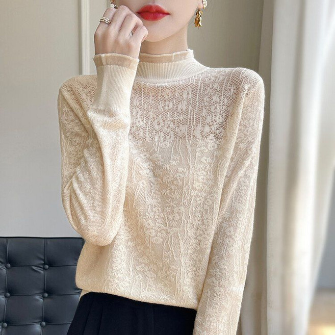 패션 여성 반폴라 니트 빅사이즈 레이스 패치 슬림핏 얇은 니트 긴팔티 봄 가을 여자 니트 목폴라티 YSQ