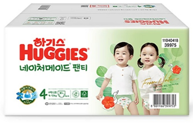 하기스 네이처메이드 팬티형 4단계 80개 대형 공용 기저귀 9kg~13kg 걷기 시작하는 아기 Huggies Naturemade Panty Type Size 4 80ct, 80매