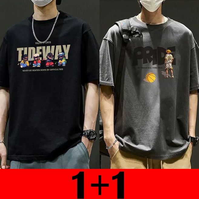 지고다그 1+1 남녀공용 여름 오버핏 반팔 면 티셔츠 프린트 캐주얼 데일리 커플룩 라운드넥 상의 LJM1013