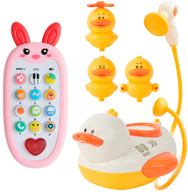리틀클라우드 유아 장난감 2종 모음, 토끼 핸드폰+오리 보트, 1개