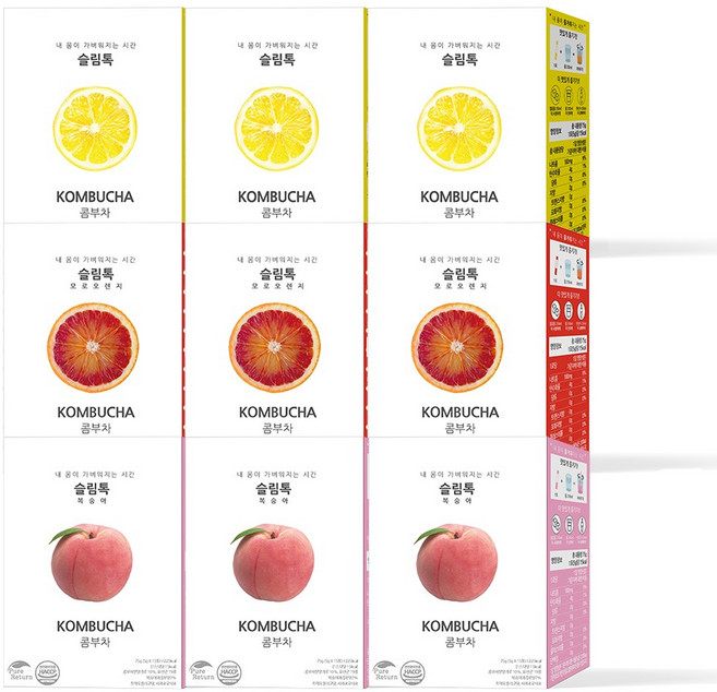 슬림톡 콤부차 레몬3+모로오렌지3+복숭아3 유산균 사과초모식초, 9박스, 15개입