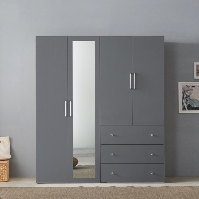 바로방가구 애쉬 옷장 B세트 거울형 1600 전신거울 이불장 드레스룸 원룸 서랍 장농, 그레이