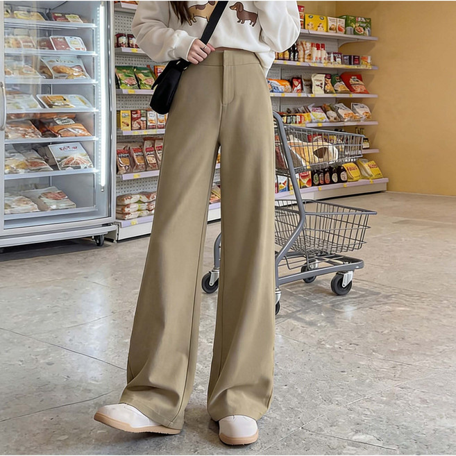 CBHV 여성 바지 정장 바지 하이웨스트 스판 슬랙스 와이드 일자 팬츠