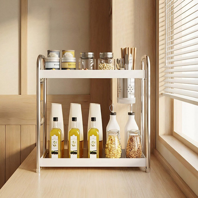 Alemon 철제 2단 양념통 정리대 양념통 선반 정리함, 02하얀색, 1개