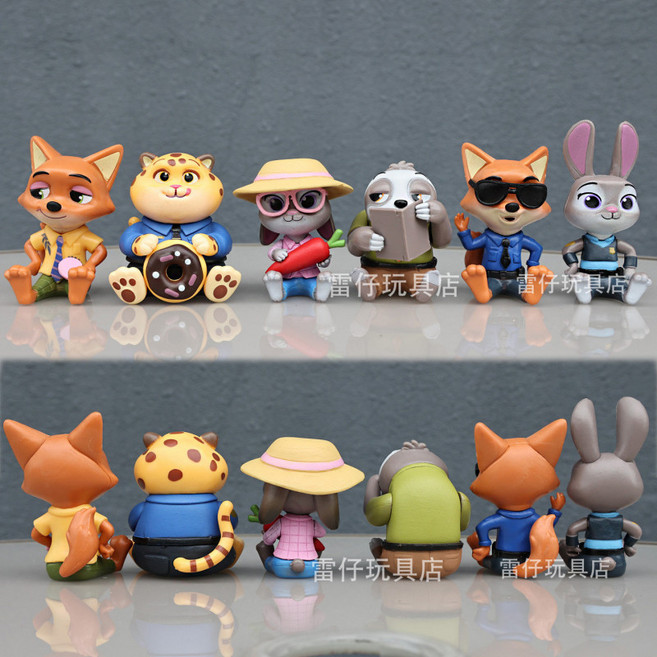 주토피아 피규어 닉 경관과 주디 여우와 토끼 장식품 자동차 및 탁상용 장식품, 6개, 앉은 미친 동물 도시 6개 + 차량 스티커 작음