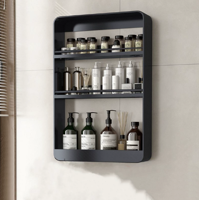 엘리시온 다용도 무타공 욕실 원룸 미니 벽선반, 3단, 블랙
