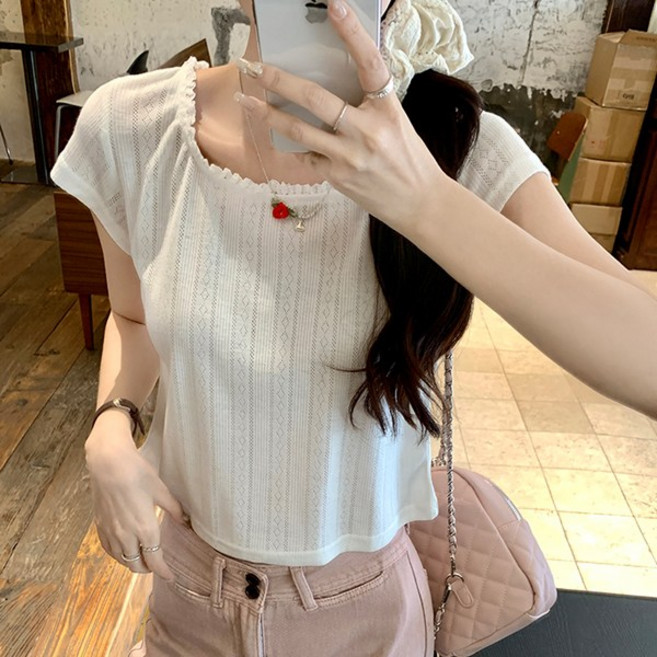 어썸풀 여성용 로아엘라 웨이브 넥 골지 반팔 티셔츠 A26SMT030515