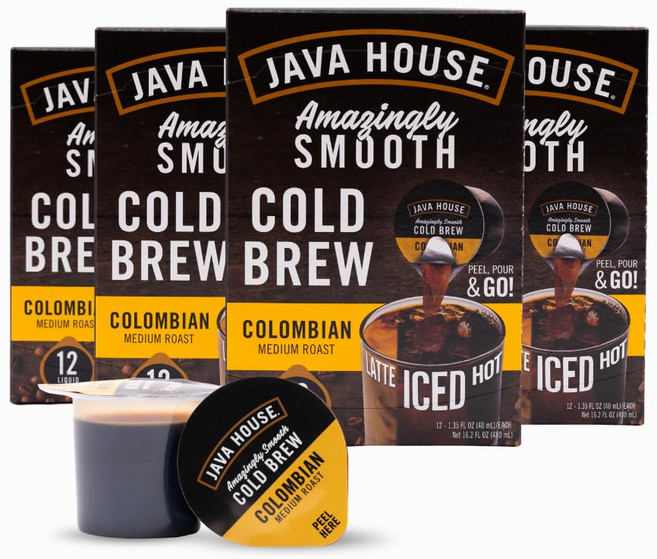 자바 하우스 콜드 브루 커피 농축액 싱글 서브 액상 캡슐 - JAVA HOUSE Medium Roast Colombian Cold Brew Pods (48 Count) Peel, 콜롬비아, 1개 (48팩)