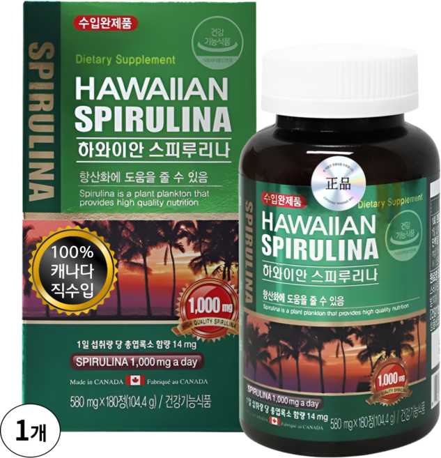 HnF 하와이안 스피루리나 1000mg 100%캐나다직수입 피부건강 항산화 식약처인증, 580mg, 1세트, 180회분