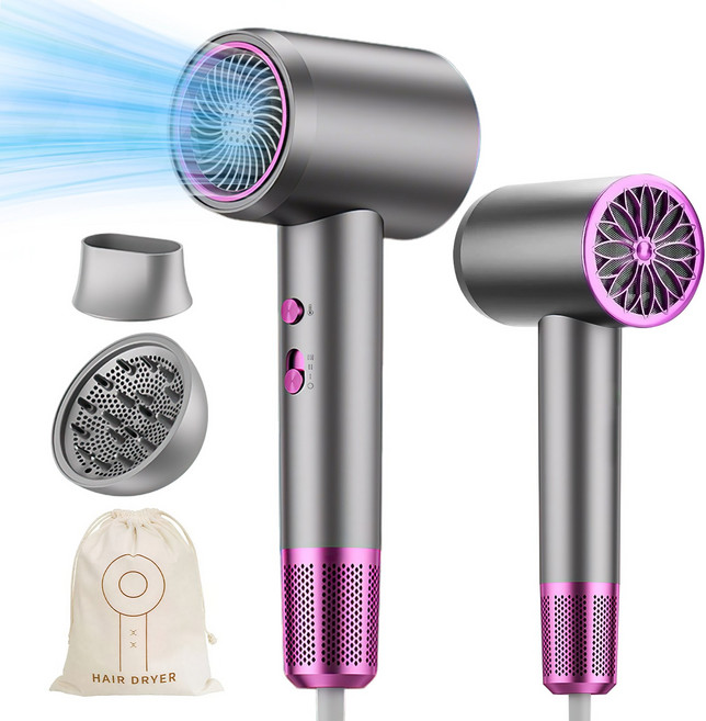 Flyaiku 초고속 음이온 헤어 드라이기 파워풍량 저소음 가정용 휴대용 2000W + 디퓨저 노즐, 그레이