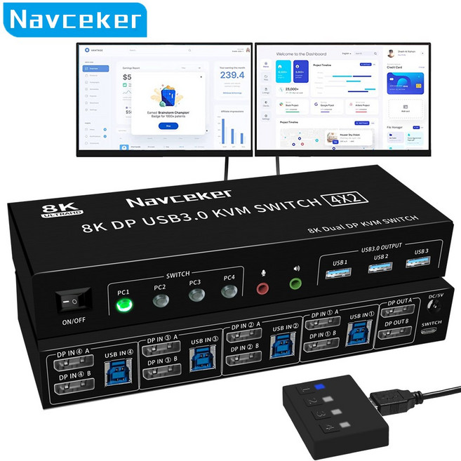 Navceker 듀얼 모니터 DP KVM 스위치 4K 120Hz 4x2 USB 3.0 HDMI KVM 스위치 4 인 2 아웃 8K 60Hz 혼합 디스플레이 2 모니터 4 컴, ZY-SK808, 1개