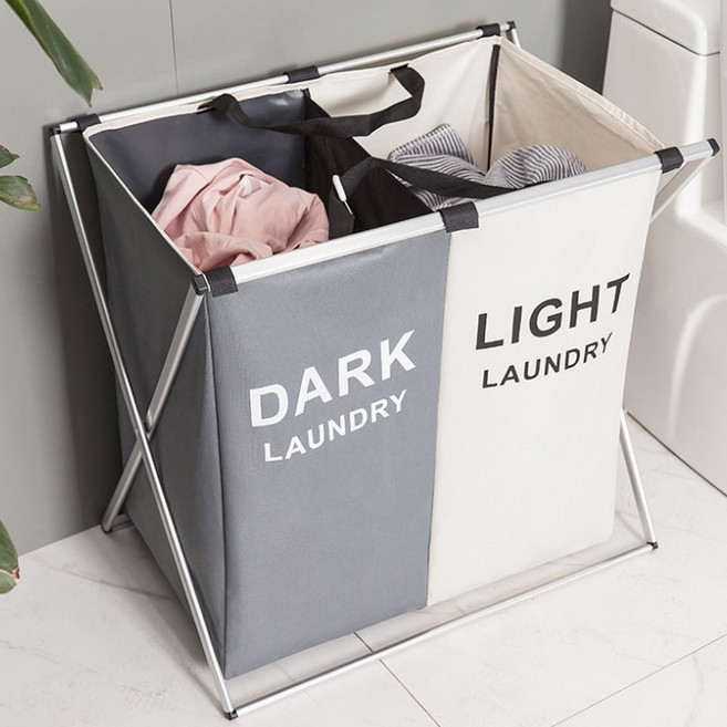 마벨인홈 패브릭 2단 접이식 빨래바구니, 그레이 + 아이보리