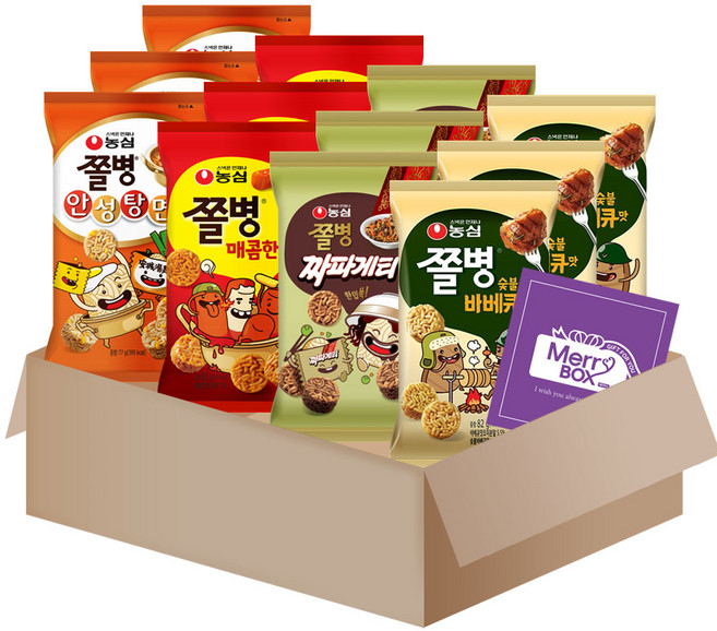 쫄병스낵 x 12개 4종세트 매콤한맛 안성탕면맛 바베큐맛 짜파게티맛+메세지카드, 72g, 1박스, 쫄병S01){4종 x 3개}