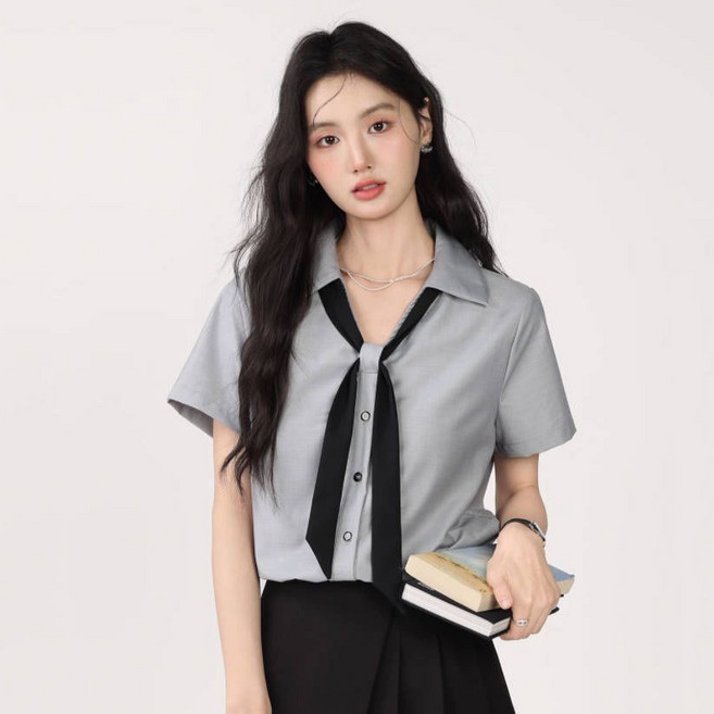 COSYEVNO 여성 반팔 셔츠 블라우스 타이넥 오피스룩 캐주얼 LFHnscs-3