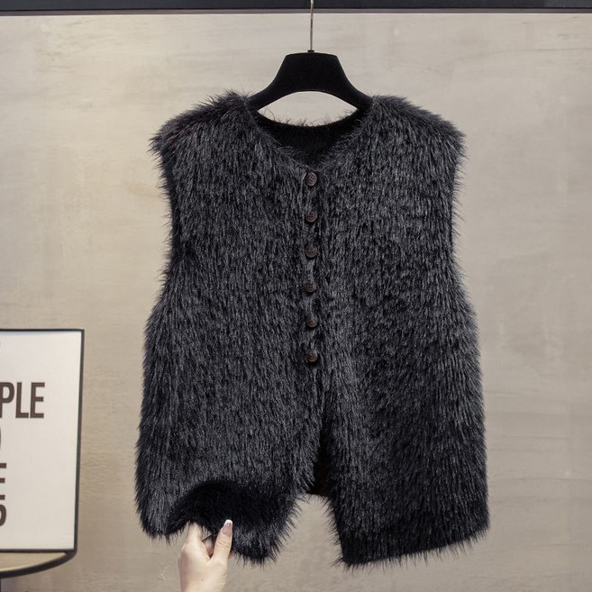쁘띠꼬모 여성 페이크퍼 버튼 포인트 따뜻한 털 조끼 데일리 레이어드 H5111501