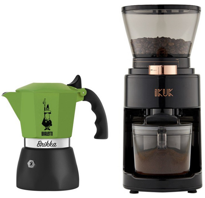 Bialetti Brikka 摩卡壺 輕鬆享受現磨咖啡, 加壓2杯份 綠色 + 磨豆機
