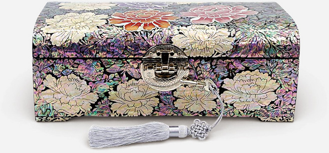 자개 나전칠기 오색 목단꽃 굴림 금속 잠금 보석함 바이어선물