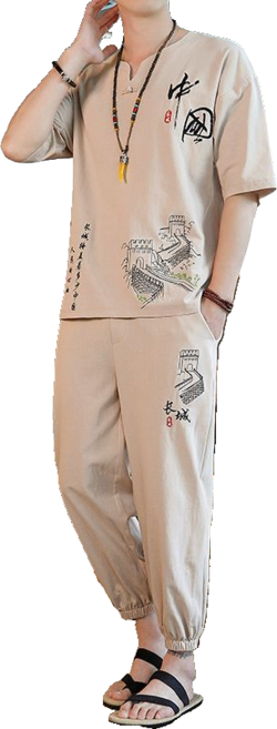 남자 린넨 바지 상하의세트 여름 면 마 소재 만리장성 자수 생활 세트 뉴타임즈 03CW0904