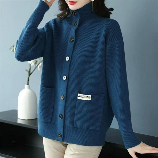 POMTOR 중년 여성용 하이넥 니트 카디건 데일리 캐주얼 스웨터 코트 빅사이즈 엄마옷