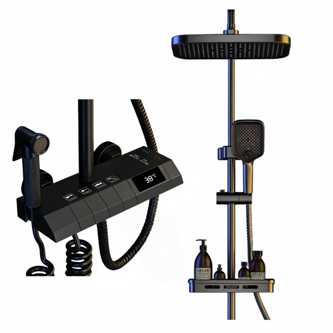 해바라기 샤워기 세트 4단 조절 가능 수온 표시 선반형 수납 가능한 스마트 샤워기 세트, 블랙, 1세트