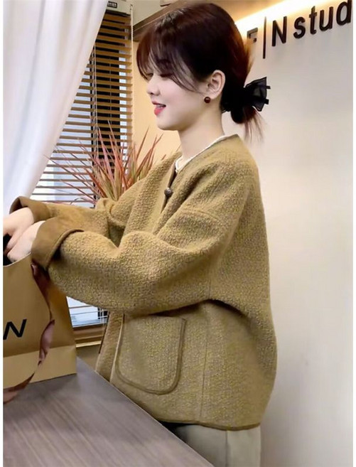休閒寬鬆皮毛一體上衣女短款秋冬新款高級感外套潮