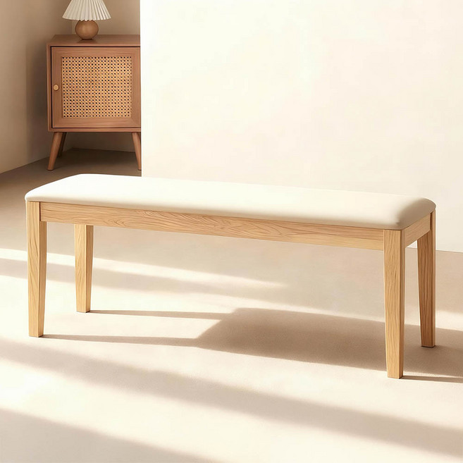 [리비니아] 케빈 원목 가죽 2인 3인 벤치, 내츄럴(아이보리)