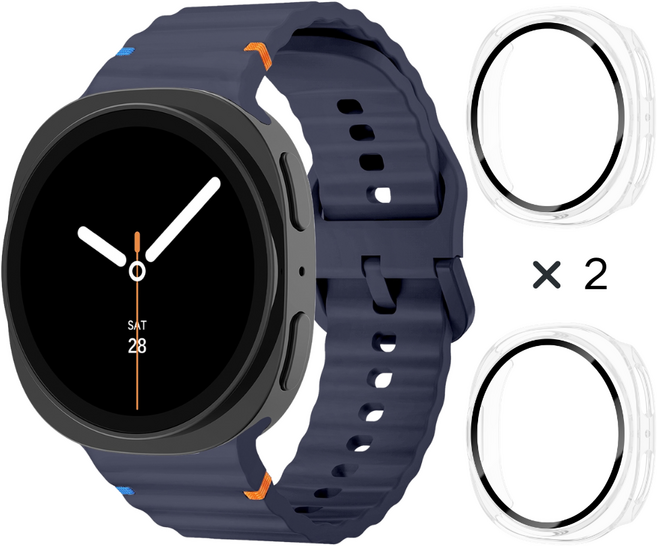 데일리피 갤럭시워치 호환 실리콘 컬러풀한 스티치 스트랩 8/7/6/6클래식/5/5프로/4/4클래식+PC 케이스 2개, 블루 그레이/투명